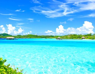 Fototapeta premium Tranquil turquoise lagoon with tropical huts