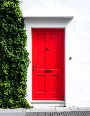 A striking red front door set in a clean white wall, framed by lush green climbing ivy