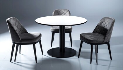 A circular table with a white top and black base, encircled by three upholstered armchairs