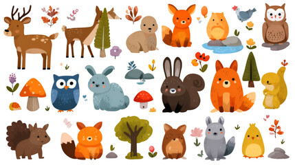 A large collection of cute cartoon woodland animals and forest elements.