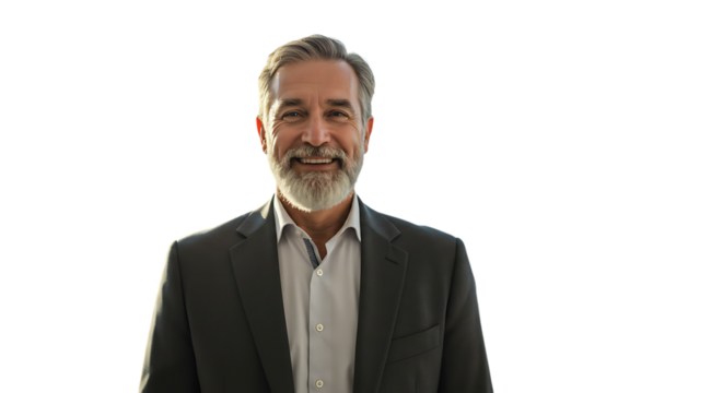 Happy older man in a suit, radiating confidence and success.