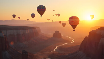 hot air balloons at sunset