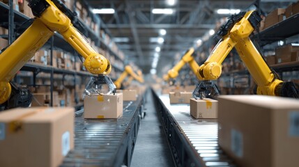 Medium shot capturing automated robotic arms picking items from neat shelves main machinery in focus with blurred surrounding warehouse environment.