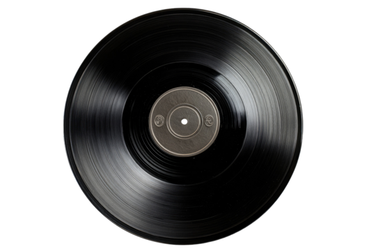 Close-up of a black vinyl record.  Dark, smooth surface with concentric grooves.  Central playing area