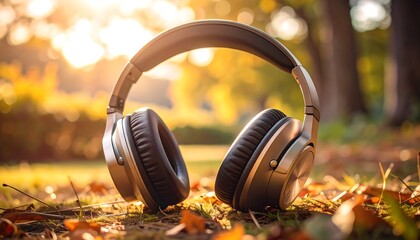 A pair of over-ear headphones rests outdoors on a bed of fallen leaves, illuminated by sunlight