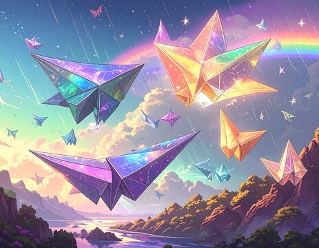 Colorful origami planes soar through a vibrant landscape - Powered by Adobe