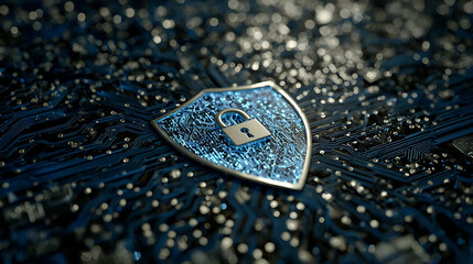 Digital shield symbolizing cybersecurity on a circuit board background with glowing elements