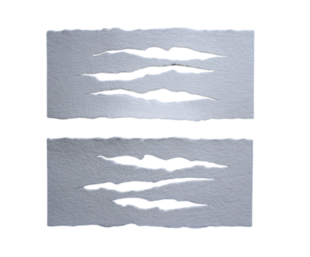 Two rectangular pieces of white paper, each with three parallel, jagged tear/hole patterns