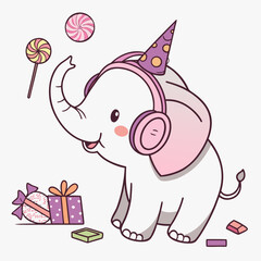 Playful Content Elephant design, styled with wearing headphones and Candy Shop shades in a Birthday setting