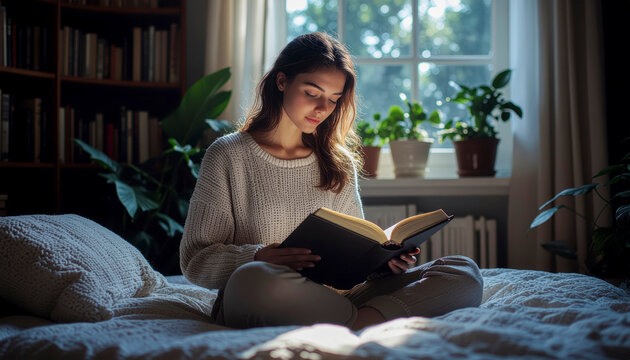 Joven leyendo un libro en su habitaci&oacute;n iluminada por la luz natural
