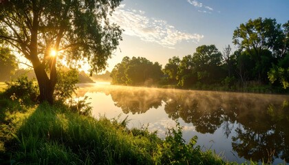 Obraz premium Tranquil sunrise over a misty river