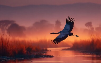 Obraz premium Silhouette of stork flying above glowing river landscape dusk elegant wildlife migration bird scene