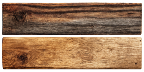 Two horizontal wood planks, dark and light brown, displaying wood grain and knots