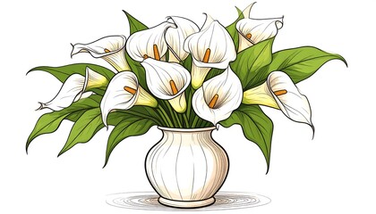 A vibrant digital illustration showcasing a bouquet of calla lilies in a classic vase