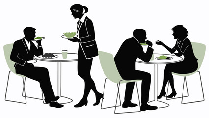 Silhouette illustration of people dining in a restaurant with a waitress serving food at tables created with generated ai
