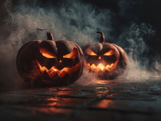 Spooky Halloween Jack-o'-Lanterns Glow in the Dark with Eerie Smoke and Fog