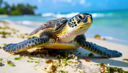 Sea turtle on sandy beach, vibrant colors