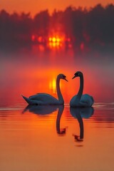 Fototapeta premium Silhouette of swans gliding through misty lake dawn glowing horizon reflections creating romantic wildlife bird scene