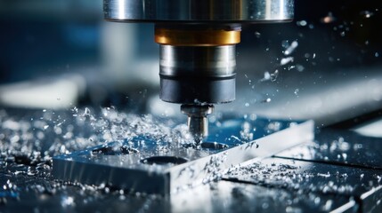 Closeup of a highprecision milling machine cutting solidcarbon sheets into intricate shapes needed for fuel cell assembly with metal shavings scattered around.
