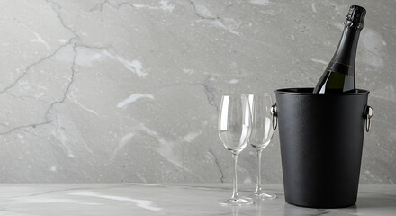 Champagne bottle in ice bucket with two glasses on marble surface - elegant black champagne chiller bucket 