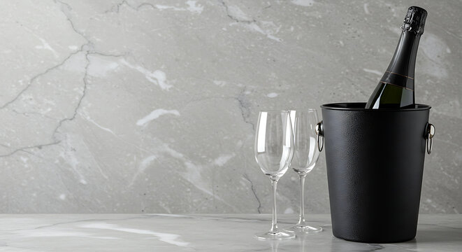 Champagne bottle in ice bucket with two glasses on marble surface - elegant black champagne chiller bucket 