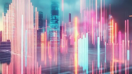 Futuristic city skyline with glowing digital charts representing economic growth - Powered by Adobe