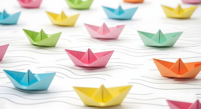 Colorful Origami Boats on Abstract Water
