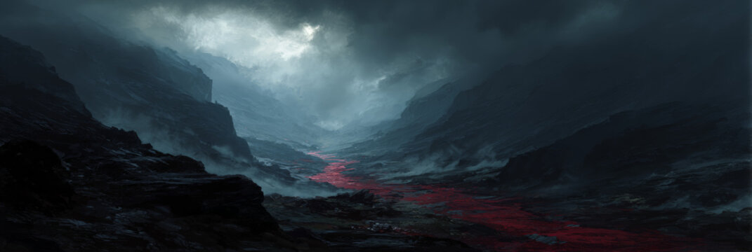 Dramatic stormy landscape with dark clouds and glowing red river under moonlight
