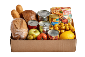 Assorted food items in a cardboard box.  Fresh produce, breads, canned goods fill a donation box