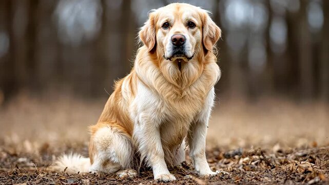 Golden Retriever in Forest: A dignified golden retriever sits composedly in a tranquil forest setting, its beautiful fur radiating warmth against the backdrop of the autumnal scene. 