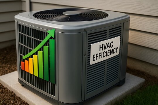 HVAC unit with rising efficiency chart, showcasing improvement and better performance. 