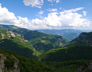 Mountain vista, lush greenery, sunny day
