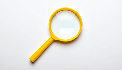 Bright yellow magnifying glass with circular lens and straight handle, placed on a plain white background