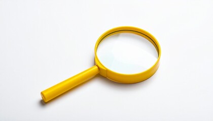 Bright yellow magnifying glass with circular lens and straight handle, placed on a plain white background