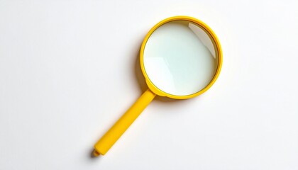 Bright yellow magnifying glass with circular lens and straight handle, placed on a plain white background