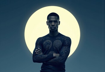 Individual with moon conceptual design, showcasing a striking silhouette and intricate tattoos
