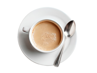 Overhead view of a cup of coffee.  Aromatic, light brown liquid, frothy top, in a white ceramic cup and saucer, with a silver spoon