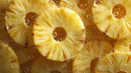 Close-up view of fresh pineapple rings submerged in sparkling water with tiny bubbles