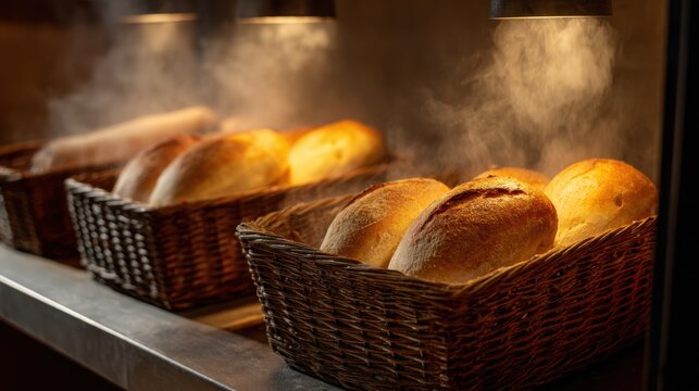Freshly baked artisanal bread displayed under warm heat lamps with steam rising baskets softly blurred in the background emphasizing the rustic texture and golden crust.
