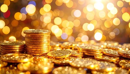 Close-up of shiny gold coins stacked and scattered, illuminated by festive bokeh lights