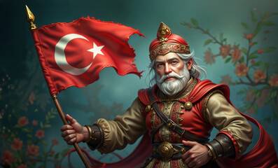 Obraz premium Turkish Leader with Flag: A historical depiction of a revered Turkish leader, proudly holding the nation's flag with its iconic crescent moon and star emblem.