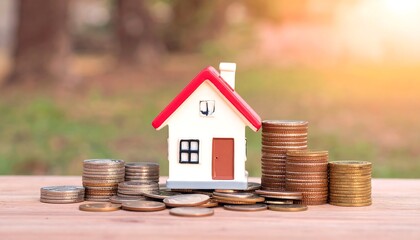 Miniature house atop coins, outdoors setting