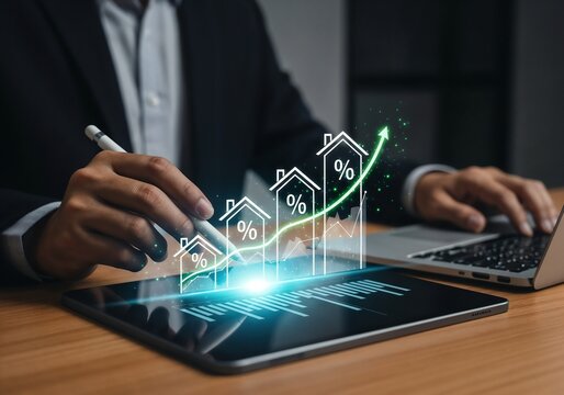 "A businessman is using a stylus on a tablet, with a holographic overlay showing a rising bar chart made of house icons. A glowing green arrow trends upward over the houses, which are adorned with per