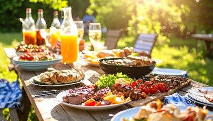 Outdoor table filled with BBQ food, drinks, and sunlight, suggesting summer time