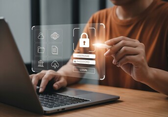 "A user is about to log in on a laptop, with a holographic security interface floating above the keyboard. The user points a glowing stylus at the password field on the secure login screen, which feat
