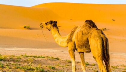 A camel stands in a vast desert landscape, bathed in warm, golden light.