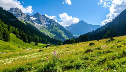 Obraz premium Lush alpine meadow nestled beneath towering mountains. Sunny day with scattered clouds