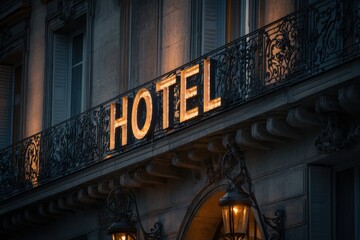 Obraz premium Hotel sign lit up at night on a classic building. Great for travel, tourism, hospitality, and accommodation themes. Captures elegance, comfort, and city lifestyle.