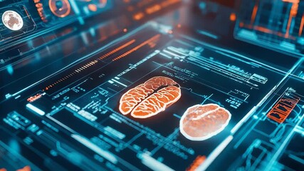 Futuristic interface showing brain analysis and medical data visualization - Powered by Adobe