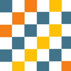 Colorful geometric checkered pattern with orange, yellow, and teal squares on a white background. Perfect for fabric design, digital wallpaper, wrapping paper, and modern decoration.